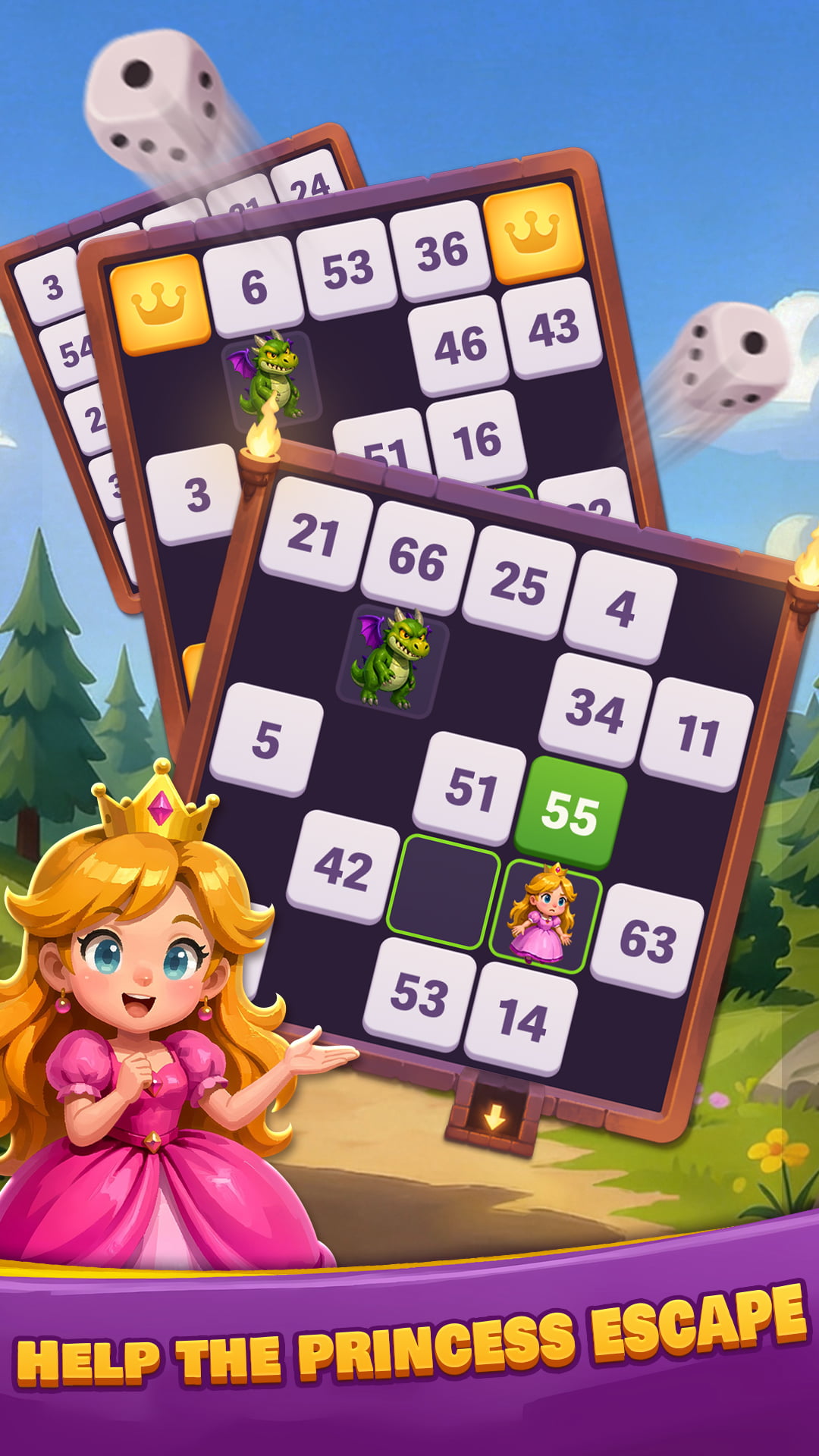 Dice and numbered bingo boards with the princess. Help the princess escape!