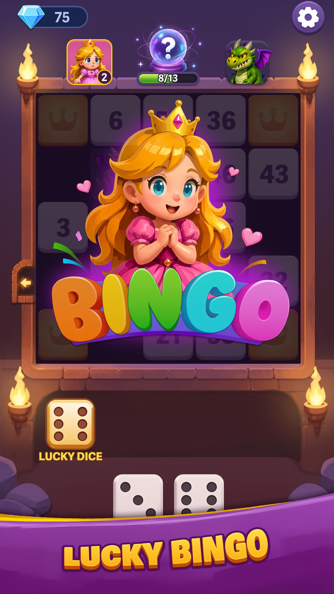 The princess celebrating a colorful BINGO over a board and lucky dice.