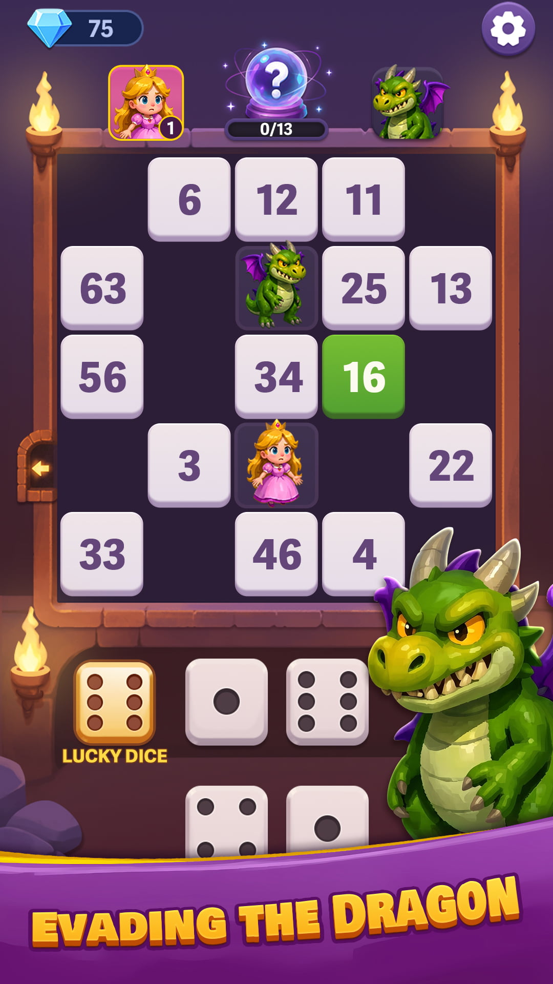 A bingo board with matching numbers, dice, and a dragon. Evading the dragon.
